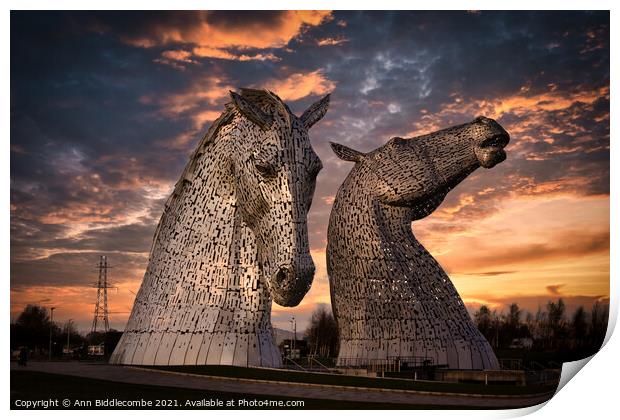 The Kelpies the metal horse heads in Scotland Print by Ann Biddlecombe