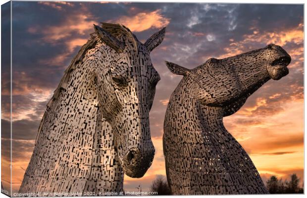 A close up of The Kelpies the metal horse heads in Canvas Print by Ann Biddlecombe