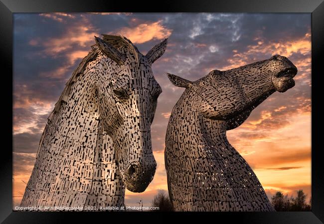 A close up of The Kelpies the metal horse heads in Framed Print by Ann Biddlecombe