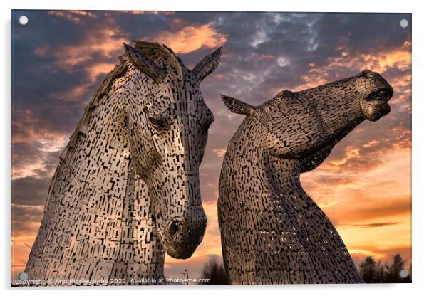 A close up of The Kelpies the metal horse heads in Acrylic by Ann Biddlecombe