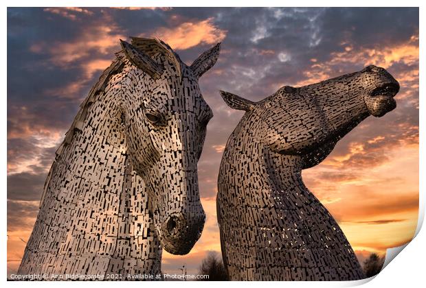 A close up of The Kelpies the metal horse heads in Print by Ann Biddlecombe