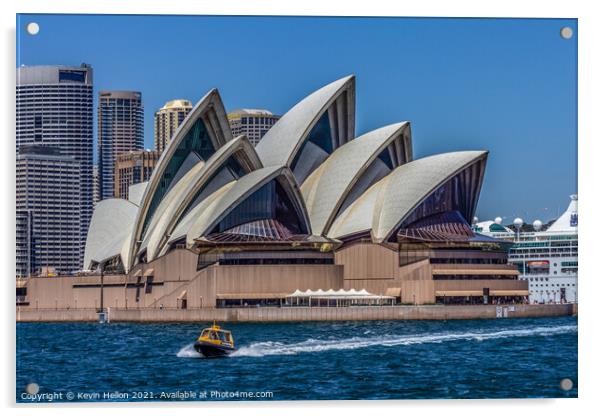A boat powers past the Sydney Opera House, in the  Acrylic by Kevin Hellon