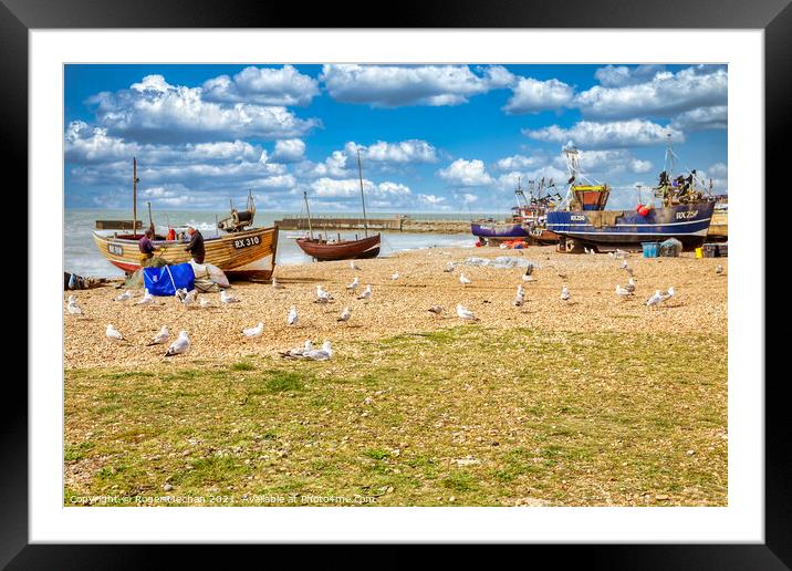 Serene Fishing Boats at Hastings Beach Framed Mounted Print by Roger Mechan