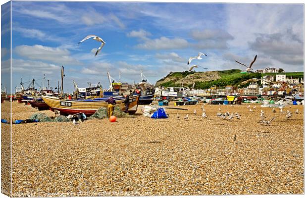 Fishing Boats and Seagulls Canvas Print by Roger Mechan