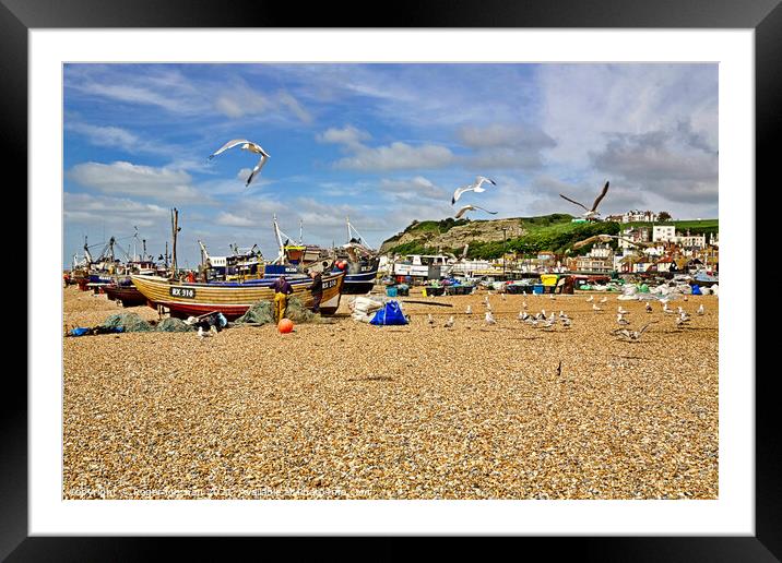 Fishing Boats and Seagulls Framed Mounted Print by Roger Mechan