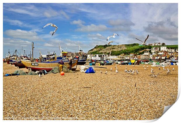 Fishing Boats and Seagulls Print by Roger Mechan