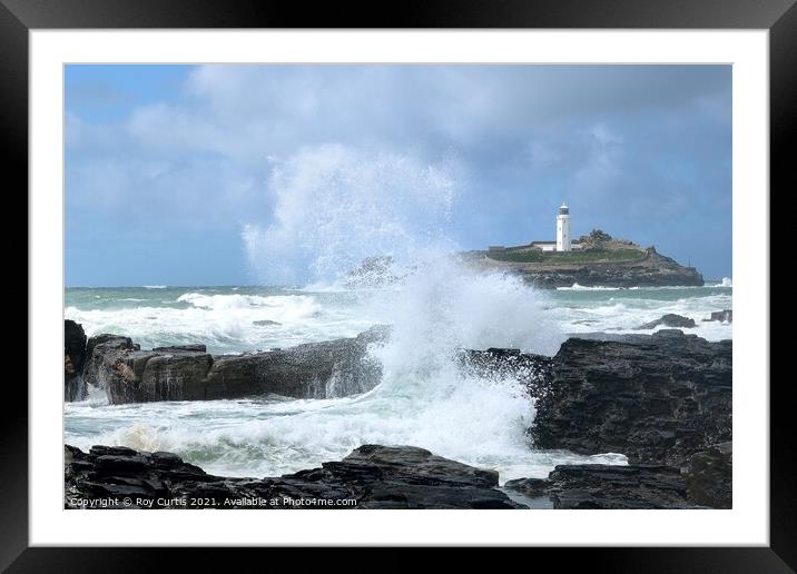 Godrevy lighthouse splash. Framed Mounted Print by Roy Curtis