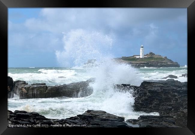 Godrevy lighthouse splash. Framed Print by Roy Curtis