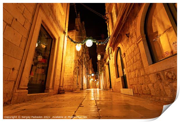 Night streets in magic historic city dubrovnik Print by Sergey Fedoskin