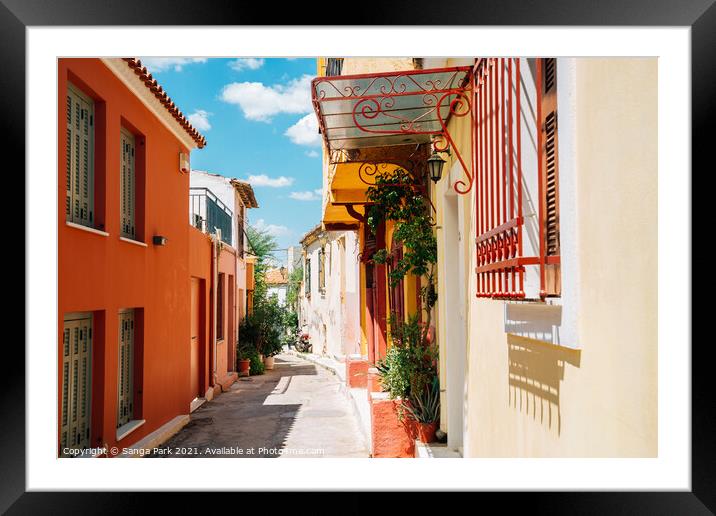 Athens Plaka district colorful street in Greece Framed Mounted Print by Sanga Park