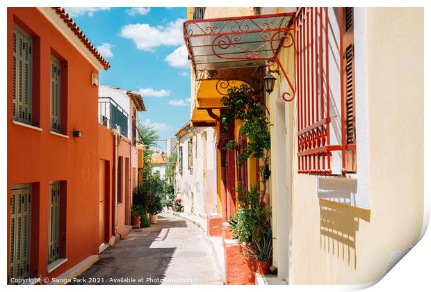 Athens Plaka district colorful street in Greece Print by Sanga Park