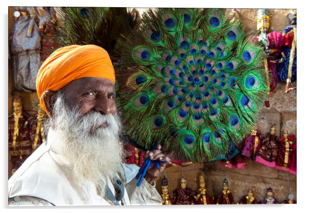 Peacock fan Seller at Jaisalmer Fort, India. Acrylic by Chris North