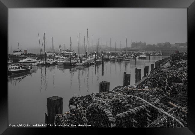 Misty morning in Scarborough Harbour Framed Print by Richard Perks