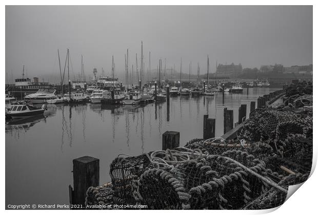 Misty morning in Scarborough Harbour Print by Richard Perks