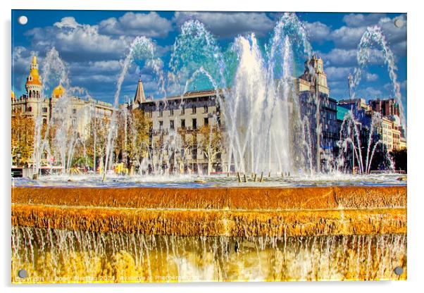 Fountains in Catalunya Square Barcelona Acrylic by Roger Mechan