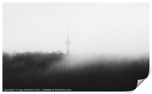 Mystic tower hidden in the woods behind the upcoming fog  Print by Ingo Menhard