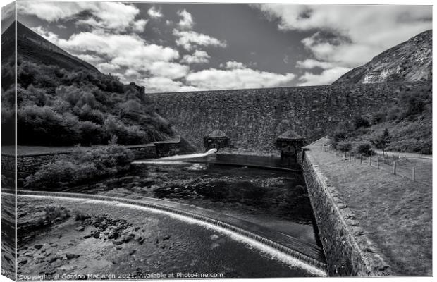 Caban Coch Dam, Elan Valley, black and white Canvas Print by Gordon Maclaren