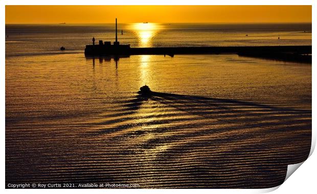 Leaving Port at Sunset. Print by Roy Curtis