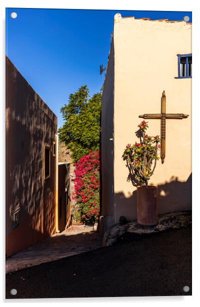 Cross on village wall Tenerife Acrylic by Phil Crean