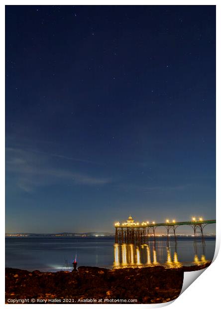 Fisherman and Clevedon Pier at night Print by Rory Hailes