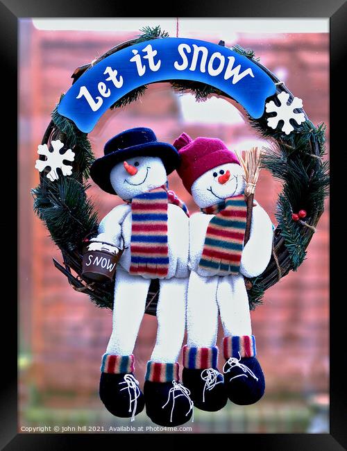 Let it snow Snowmen wreath in Portrait Framed Print by john hill
