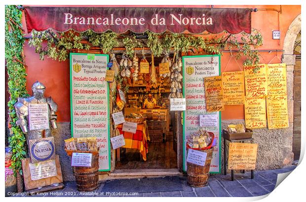 Delicatessan shop in Norcia Print by Kevin Hellon