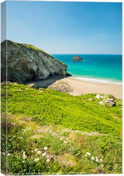 Gull Rock and Trebarwith Strand, Cornwall Canvas Print by Justin Foulkes