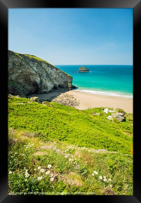 Gull Rock and Trebarwith Strand, Cornwall Framed Print by Justin Foulkes