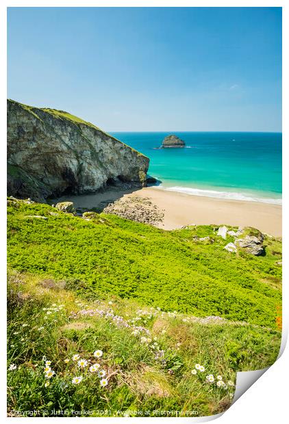 Gull Rock and Trebarwith Strand, Cornwall Print by Justin Foulkes