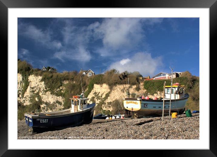 Fishing boats at Beer   Framed Mounted Print by Les Schofield