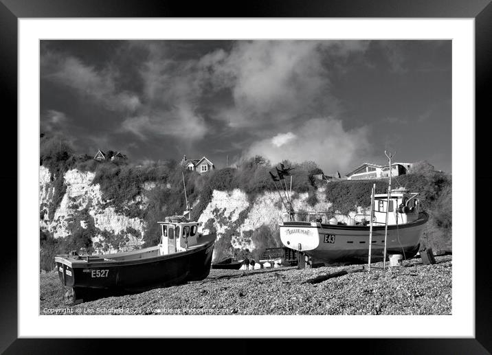 Black and white fishing boats at Beer in Devon Framed Mounted Print by Les Schofield