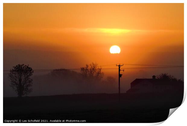 Misty orange sunrise  Print by Les Schofield