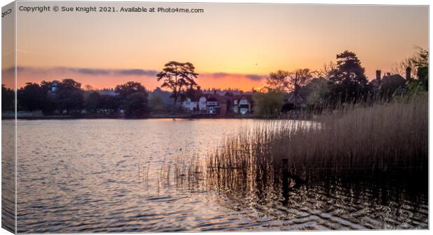 The sun rising over Beaulieu Millpond Canvas Print by Sue Knight