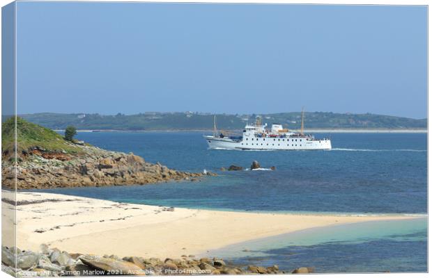 The Scillonian arriving in the Isles of Scilly past the headland Canvas Print by Simon Marlow