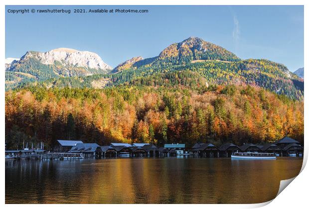 Königssee Boat Houses And Jenner Mountain Print by rawshutterbug 