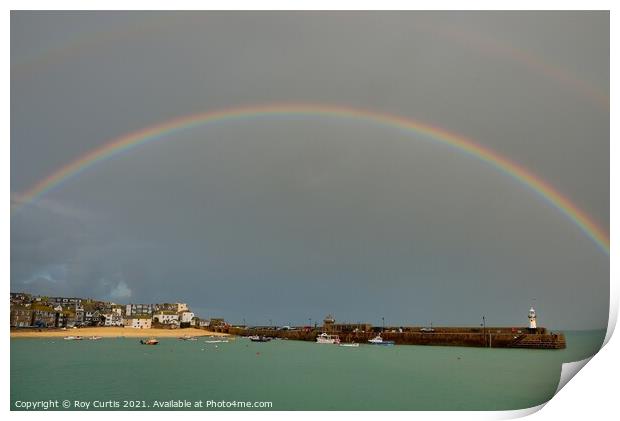 Rainbow over St. Ives Harbour Print by Roy Curtis