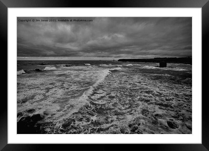 Collywell Bay storm - Monochrome Framed Mounted Print by Jim Jones