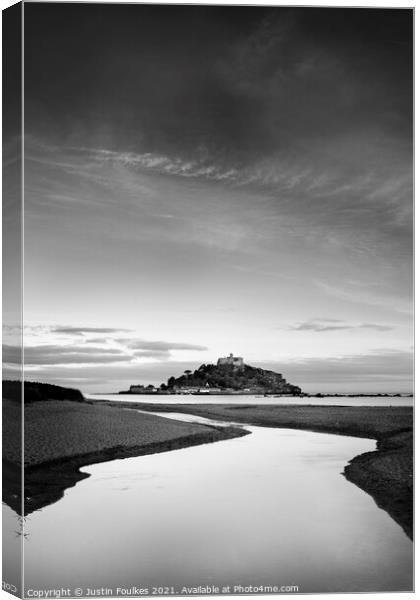 St Michael's Mount, Cornwall - monochrome Canvas Print by Justin Foulkes