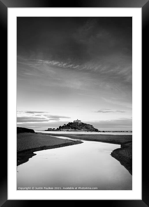 St Michael's Mount, Cornwall - monochrome Framed Mounted Print by Justin Foulkes