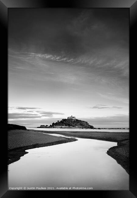 St Michael's Mount, Cornwall - monochrome Framed Print by Justin Foulkes