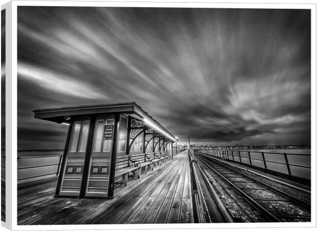 Black and White Image of Pier Bench at Southend On Sea Canvas Print by johnny weaver