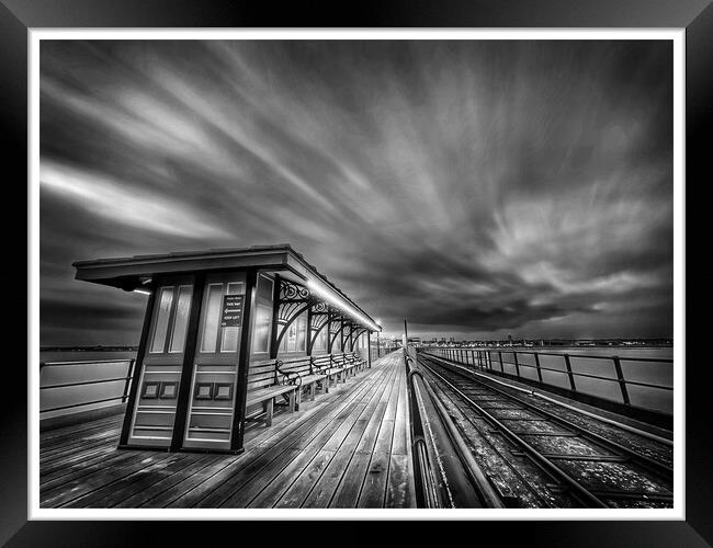 Black and White Image of Pier Bench at Southend On Sea Framed Print by johnny weaver
