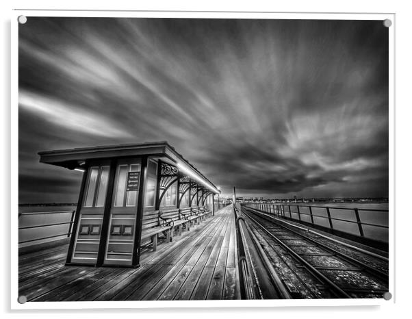 Black and White Image of Pier Bench at Southend On Sea Acrylic by johnny weaver
