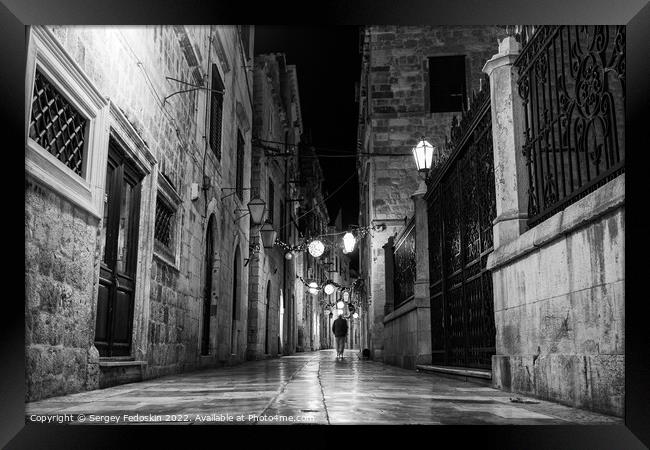 Black and white photo of street in Dubrovnik, Croatia Framed Print by Sergey Fedoskin
