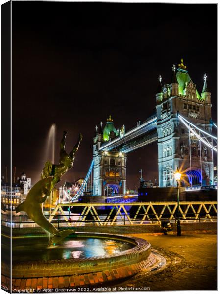 'Boy With A Dolphin' Fountain & Tower Bridge, London At Night Canvas Print by Peter Greenway
