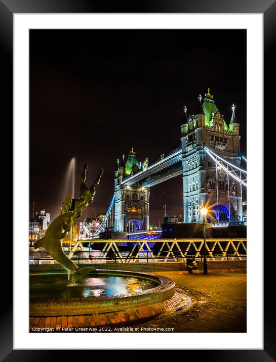 'Boy With A Dolphin' Fountain & Tower Bridge, London At Night Framed Mounted Print by Peter Greenway