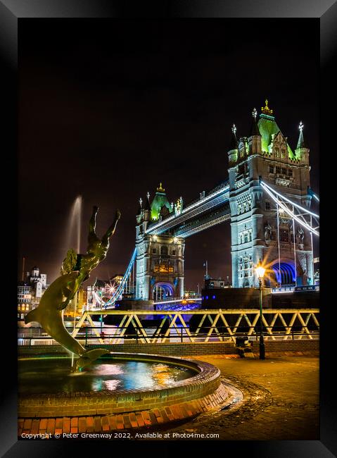 'Boy With A Dolphin' Fountain & Tower Bridge, London At Night Framed Print by Peter Greenway