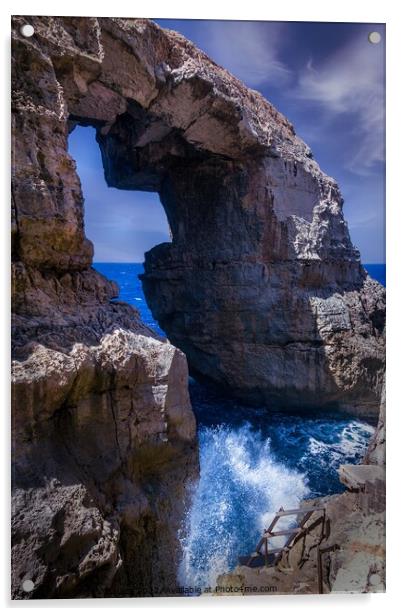Natural Rock Arch Formation of Limestone in Gozo Island.   Acrylic by Maggie Bajada