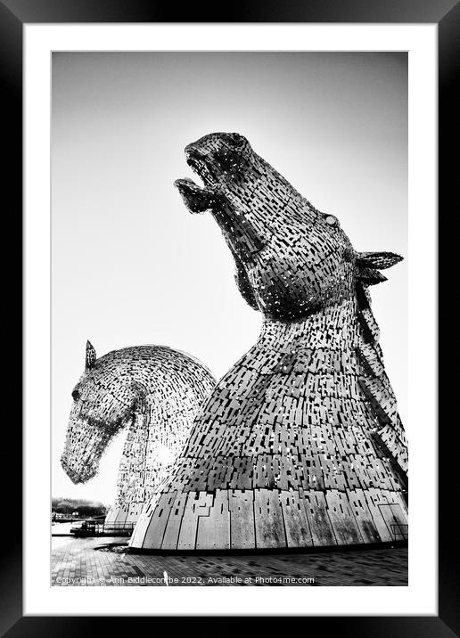 Black and white close up of The Kelpies  Framed Mounted Print by Ann Biddlecombe