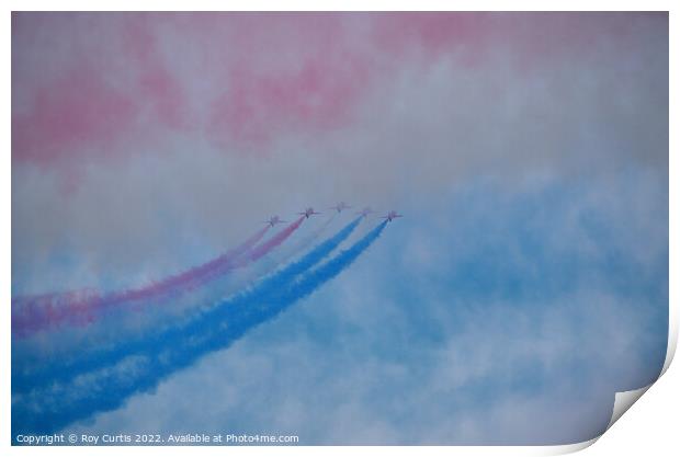 Red Arrows Heading Back Into the Smoke Print by Roy Curtis
